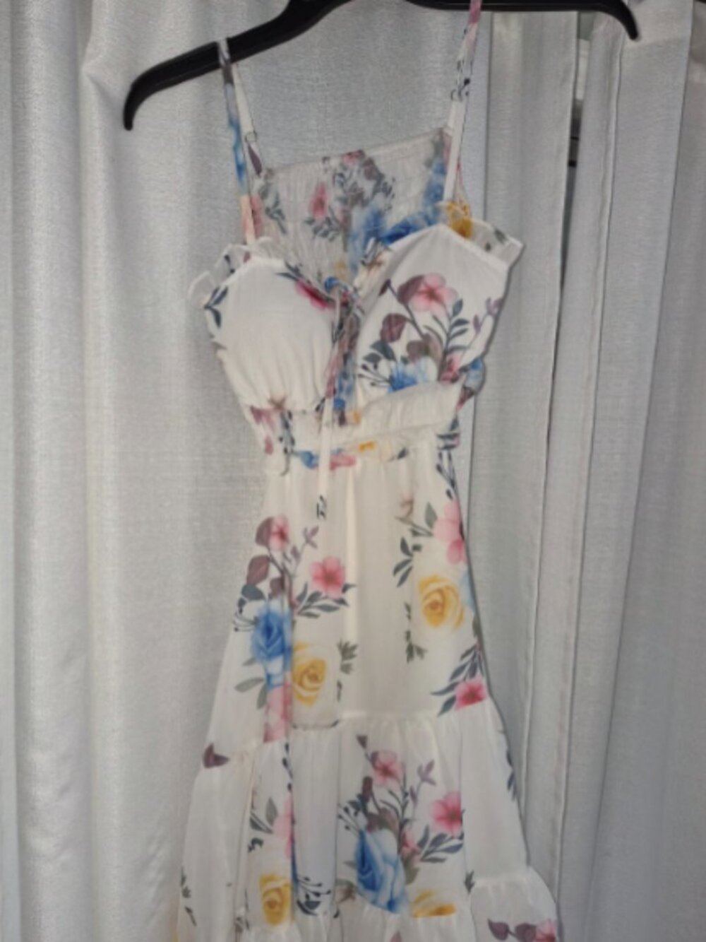 White floral print midi dress with ruffle hem